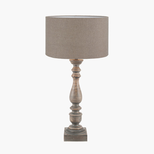 pacific lifestyle Alia Grey Wash Turned Mango Wood Table Lamp Base with Edward 40cm Natural Linen Cylinder Lampshade