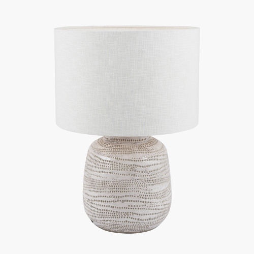 Pacific Lifestyle Alina White Dot Design Small Stoneware Table Lamp Base With Lino 25cm White Self Lined Linen Cylinder Lampshade