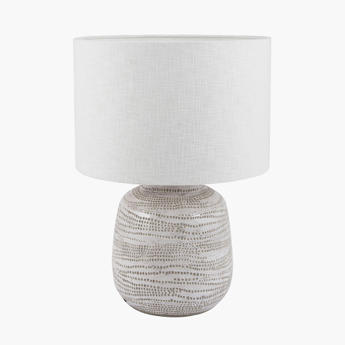 pacific lifestyle Alina White Dot Design Small Stoneware Table Lamp Base with Lino 25cm White Self Lined Linen Cylinder Lampshade