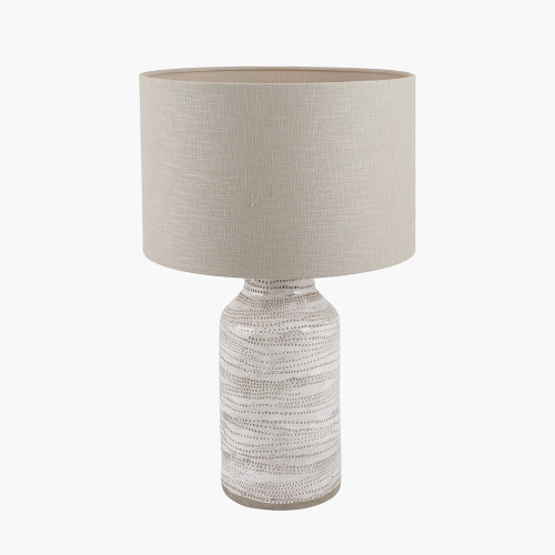 Pacific Lifestyle Alina White Dot Design Stoneware Table Lamp Base With Lino 30cm Grey Self Lined Linen Cylinder Lampshade