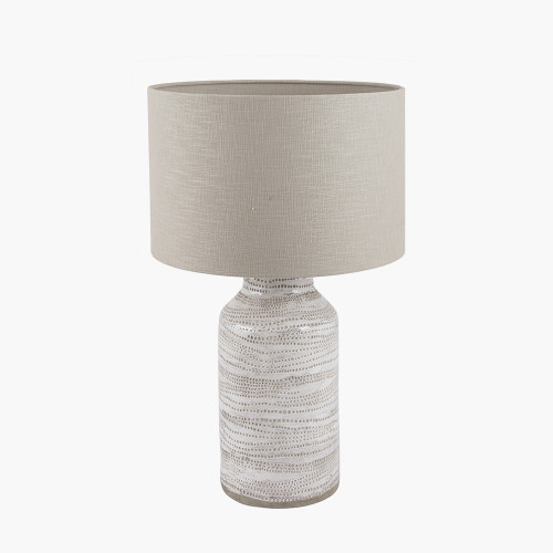 pacific lifestyle Alina White Dot Design Stoneware Table Lamp Base with Lino 30cm Grey Self Lined Linen Cylinder Lampshade