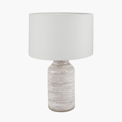 pacific lifestyle Alina White Dot Design Stoneware Table Lamp Base with Lino 30cm White Self Lined Linen Cylinder Lampshade