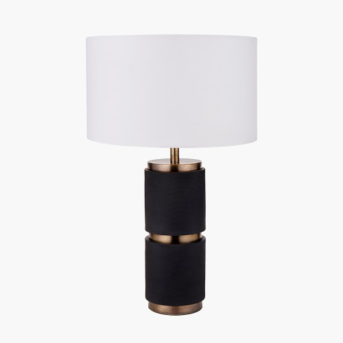 pacific lifestyle Alnico Black and Brass Metal Textured Table Lamp Base with Harry 35cm Ivory Cotton Mix Cylinder Lampshade