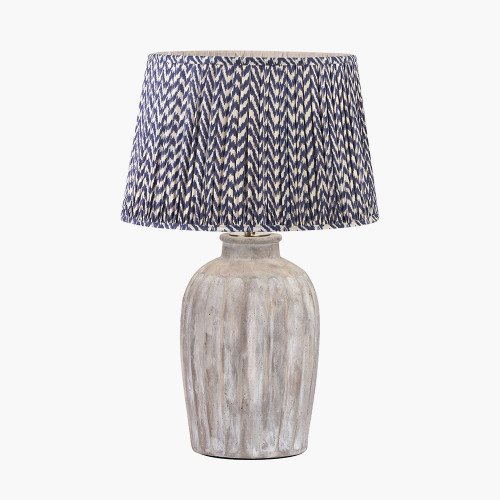 pacific lifestyle Ambrosia Natural Grooved Stoneware Table Lamp Base with Vienna 35cm Blue Chevron Mushroom Pleat Lampshade