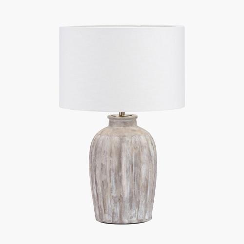 pacific lifestyle Ambrosia Natural Grooved Stoneware Table Lamp Base with Lino 35cm White Self Lined Linen Cylinder Lampshade