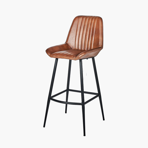 Pacific Lifestyle Angelo Vintage Brown Leather And Black Metal Retro Bar Stool