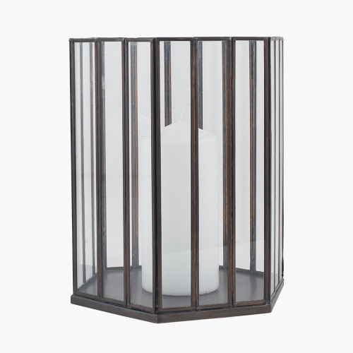 Pacific Lifestyle Antique Brass Metal And Glass Hexagonal Lantern Smal