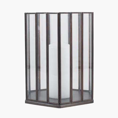 Pacific Lifestyle Antique Brass Metal And Glass Hexagonal Lantern Smal