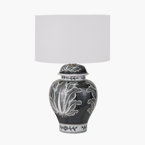 pacific lifestyle Asteria Black and White Feather Ceramic Urn Table Lamp Base with Henry 40cm White Handloom Cylinder Lampshade