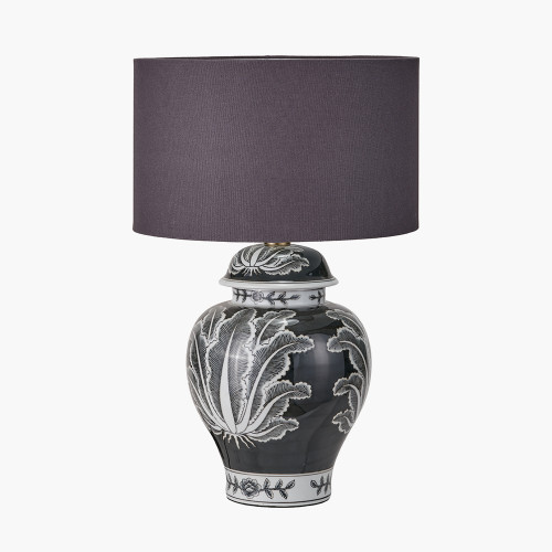 pacific lifestyle Asteria Black and White Feather Ceramic Urn Table Lamp Base with Henry 40cm Grey Handloom Cylinder Lampshade
