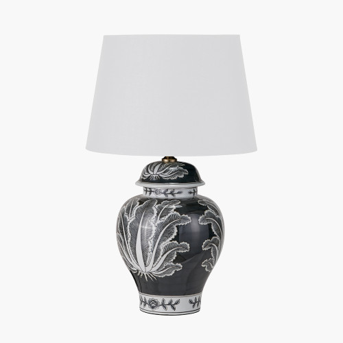 pacific lifestyle Asteria Black and White Feather Ceramic Urn Table Lamp Base with Adelaide 40cm Ivory Tapered Cotton Mix Lampshade