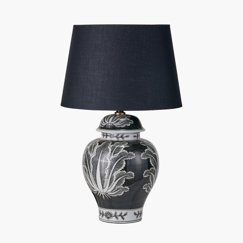 pacific lifestyle Asteria Black and White Feather Ceramic Urn Table Lamp Base with Adelaide 40cm Black Tapered Cotton Mix Lampshade