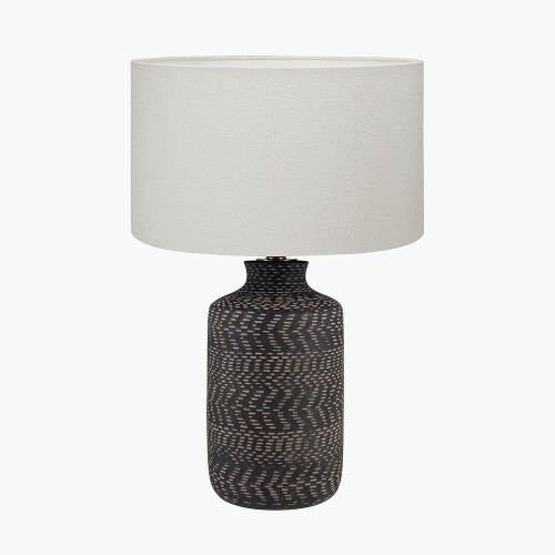 pacific lifestyle Atouk Textured Black Stoneware Table Lamp Base with Henry 35cm White Handloom Cylinder Lampshade
