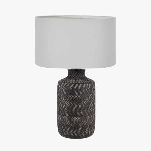 pacific lifestyle Atouk Textured Black Stoneware Table Lamp Base with Harry 35cm Ivory Cotton Mix Cylinder Lampshade