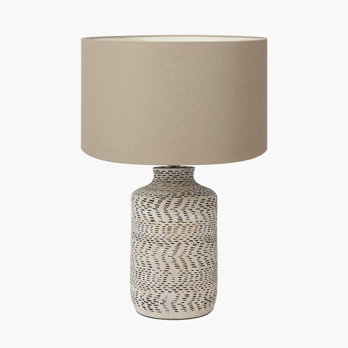 pacific lifestyle Atouk Textured Natural and Black Stoneware Table Lamp Base with Henry 35cm Taupe Handloom Cylinder Lampshade