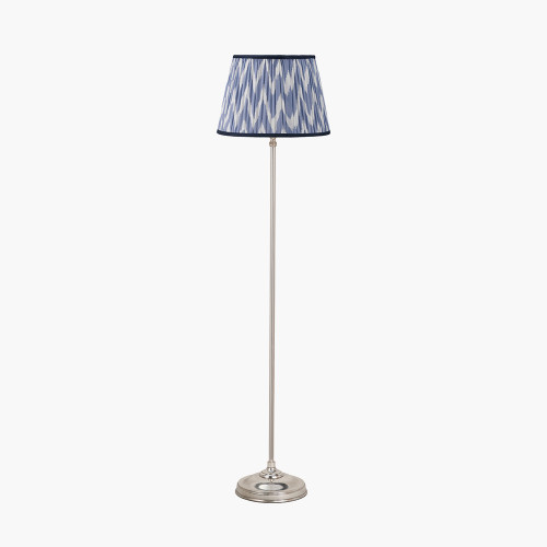 pacific lifestyle Auden Silver Metal Stick Floor Lamp Base with Kamilah 35cm Blue Chevron Patterned Mushroom Pleat Tapered Lamp Shade