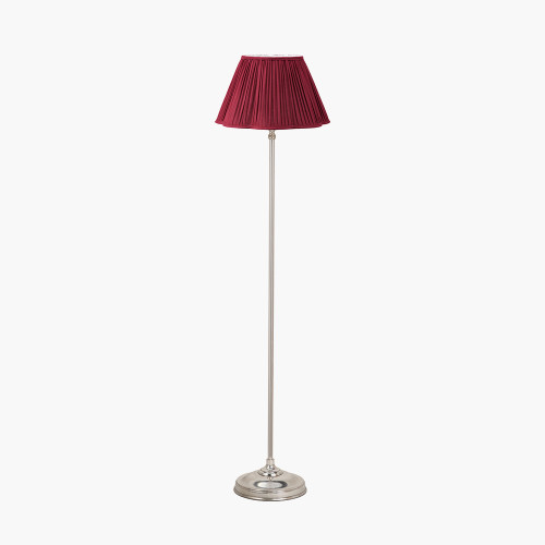 pacific lifestyle Auden Silver Metal Stick Floor Lamp Base with Malia 40cm Mulberry Red Mushroom Pleat Scalloped Tapered Lamp Shade