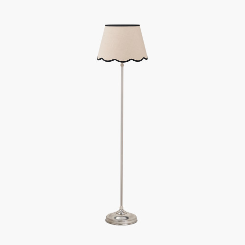 pacific lifestyle Auden Silver Metal Stick Floor Lamp Base with Tabitha 40cm Cream Jute Scalloped Edge Tapered Lamp Shade with Contrast Binding