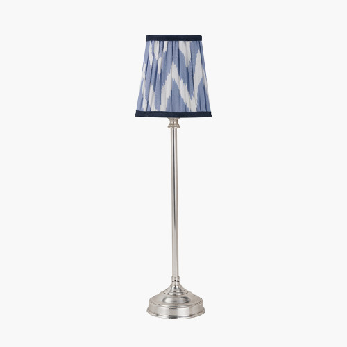 pacific lifestyle Auden Silver Metal Stick Table Lamp Base with Kamilah 14cm Blue Chevron Patterned Mushroom Pleat Tall Tapered Candle Clip Lampshade