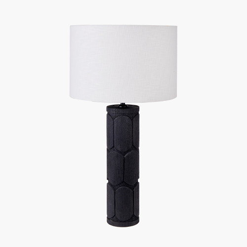 pacific lifestyle Aurelia Embossed Black Wood Tall Table Lamp Base with Lino 35cm White Self Lined Linen Cylinder Lampshade