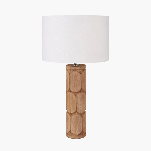 pacific lifestyle Aurelia Embossed Natural Wood Tall Table Lamp Base with Lino 35cm White Self Lined Linen Cylinder Lampshade