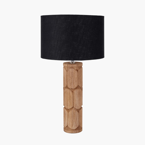 pacific lifestyle Aurelia Embossed Natural Wood Tall Table Lamp Base with Lino 35cm Black Self Lined Linen Cylinder Lampshade