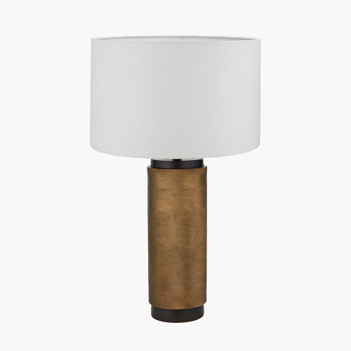 pacific lifestyle Aurelio Brass and Black Metal Textured Table Lamp Base with Lino 35cm White Self Lined Linen Cylinder Lampshade