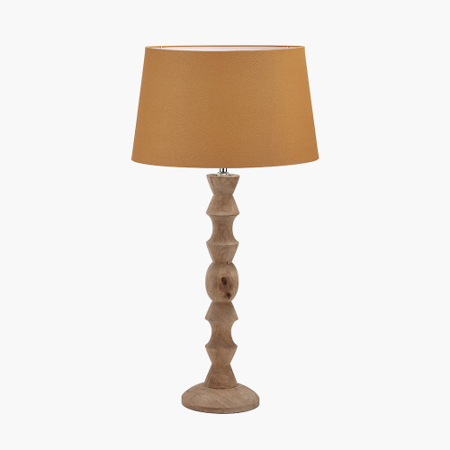 pacific lifestyle Ayra Natural Modernist Large Turned Wood Table Lamp Base with Winston 40cm Mustard Handloom Tapered Lampshade