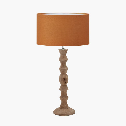 pacific lifestyle Ayra Natural Modernist Large Turned Wood Table Lamp Base with Henry 40cm Mustard Handloom Cylinder Lampshade