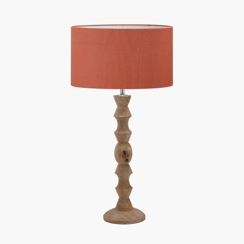 pacific lifestyle Ayra Natural Modernist Large Turned Wood Table Lamp Base with Henry 40cm Tobacco Handloom Cylinder Lampshade