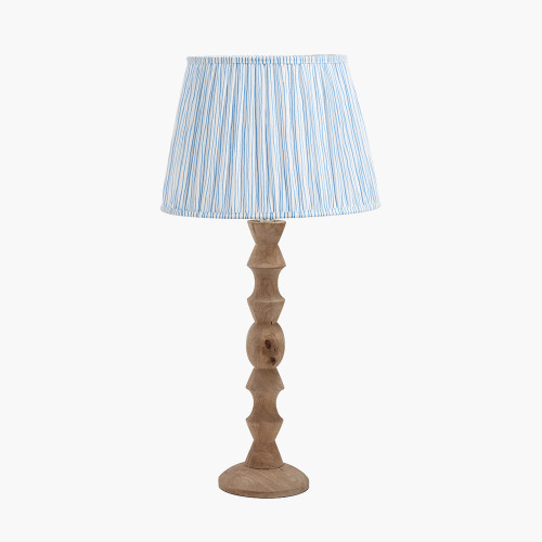 pacific lifestyle Ayra Natural Modernist Large Turned Wood Table Lamp Base with Thiago 40cm Ocean Blue Stripe Mushroom Pleat Tapered Lampshade