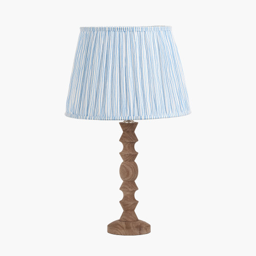 pacific lifestyle Ayra Natural Modernist Turned Wood Table Lamp Base with Thiago 35cm Ocean Blue Stripe Mushroom Pleat Tapered Lampshade