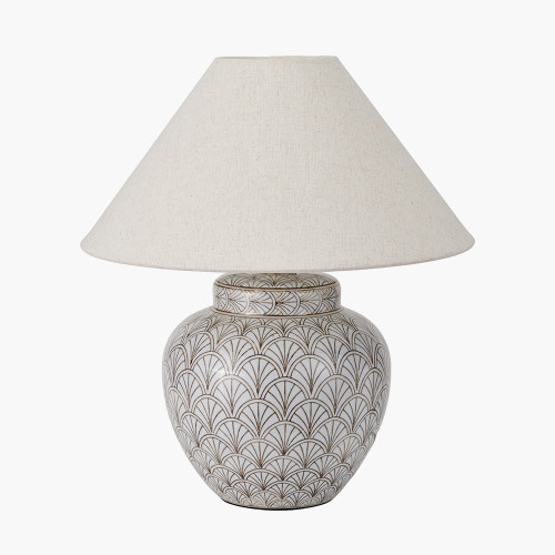pacific lifestyle Barbier White Art Deco Fan Ceramic Table Lamp Base with Harley 45cm Slubby Hopsack Empire Lampshade