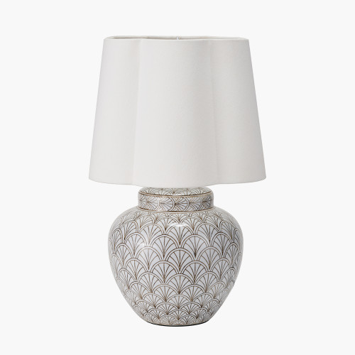 pacific lifestyle Barbier White Art Deco Fan Ceramic Table Lamp Base with Posy 35cm White Handloom Scalloped Tapered Lampshade