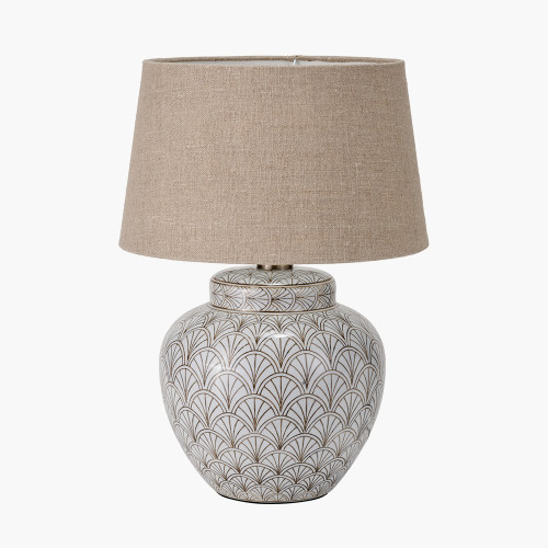 pacific lifestyle Barbier White Art Deco Fan Ceramic Table Lamp Base with Milos 35cm Natural Linen Tapered Lampshade