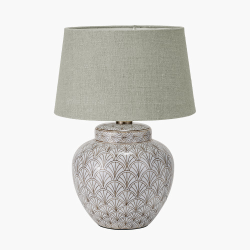 pacific lifestyle Barbier White Art Deco Fan Ceramic Table Lamp Base with Milos 35cm Pistachio Green Linen Tapered Lampshade