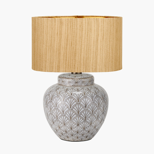 pacific lifestyle Barbier White Art Deco Fan Ceramic Table Lamp Base with Stellan 35cm Gold Slubbed Silk Mix Gold Lined Cylinder Lampshade