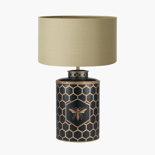 pacific lifestyle Black Honeycomb Hand Painted Metal Table Lamp Base with Harry 45cm Taupe Cotton Mix Cylinder Lampshade
