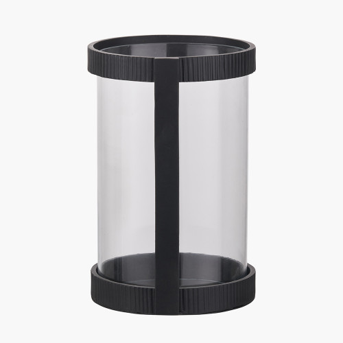 Pacific Lifestyle Black Ribbed Metal And Clear Glass Hurricane