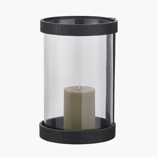 Pacific Lifestyle Black Ribbed Metal And Clear Glass Hurricane Large