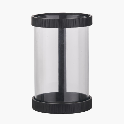 Pacific Lifestyle Black Ribbed Metal And Clear Glass Hurricane Large
