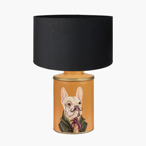 pacific lifestyle Boston Terrier Mustard Hand Painted Metal Table Lamp Base with Harry 35cm Black Cotton Mix Cylinder Lampshade