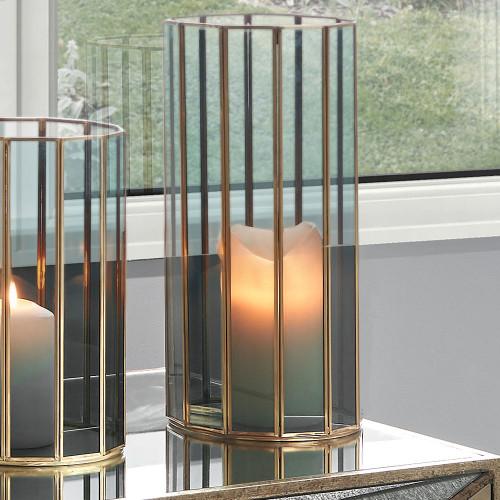Pacific Lifestyle Brass Metal And Smoked Glass Panelled Hurricane