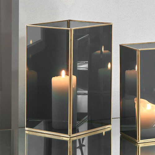 Pacific Lifestyle Brass Metal And Smoked Glass Panelled Square Hurricane Large