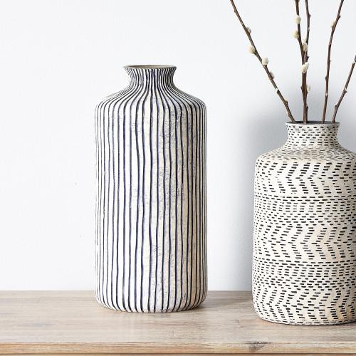 Pacific Lifestyle Bude Blue And White Stoneware Stripe Design Vase