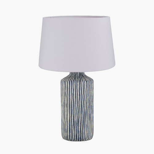 pacific lifestyle Bude Blue and White Stripe Stoneware Table Lamp Base with Winston 40cm White Handloom Tapered Lampshade