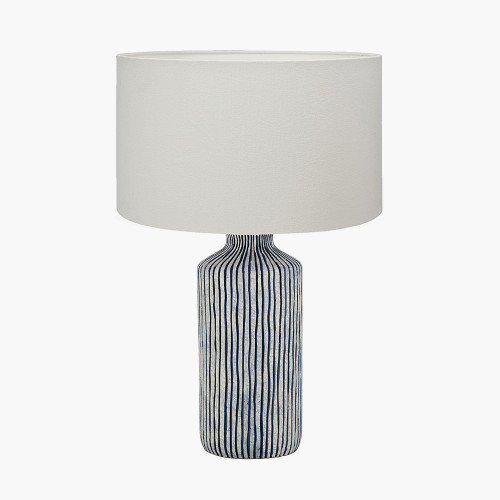 pacific lifestyle Bude Blue and White Stripe Stoneware Table Lamp Base with Henry 40cm White Handloom Cylinder Lampshade