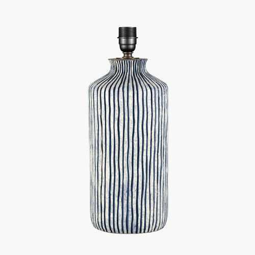 Pacific Lifestyle Bude Blue And White Stripe Stoneware Table Lamp Base With Lino 40cm Cream Self Lined Linen Cylinder Lampshade