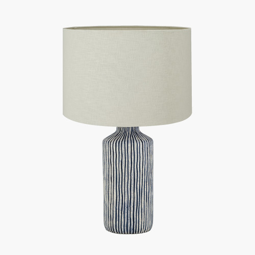 pacific lifestyle Bude Blue and White Stripe Stoneware Table Lamp Base with Lino 40cm Cream Self Lined Linen Cylinder Lampshade