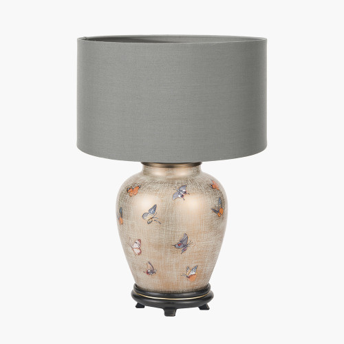 pacific lifestyle Butterflies Small Glass Table Lamp Base with Harry 25cm Steel Grey Cotton Mix Cylinder Lampshade